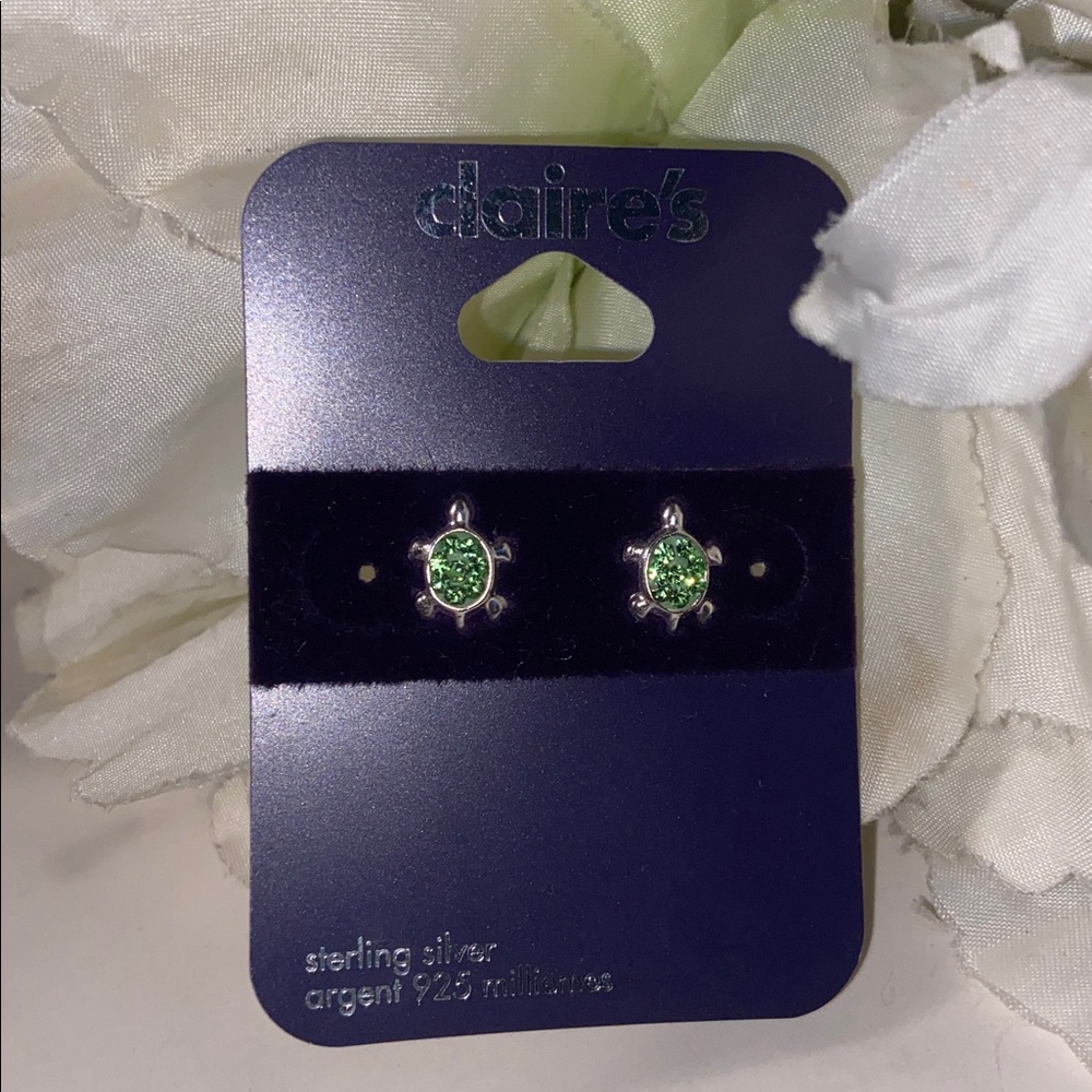 Claire's Silver Turtle Earrings with Green Stones Sterling Silver Turtle Studs